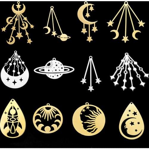5pcs/lot 100% Stainless Steel Star Moon Planet Charms Pendant for necklaces Wholesale Space Charms for DIY Jewelry Making