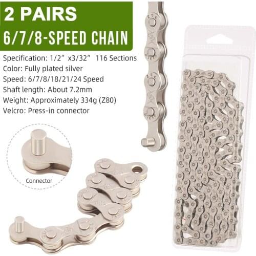 2 Pairs Bicycle Chains 6/7/8/18/21/24-Speed Chain Electroplated Silver MTB Silver Chain Mountain Road Bike Accessories