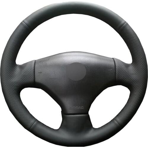 Black PU Faux Leather DIY Hand-stitched Car Steering Wheel Cover for Peugeot 206 2002-2006