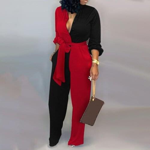 2021 Women Elegant Fashion Loose Colorblock Long Sleeve Knotted Jumpsuit V-Neck Causal Streetwear Jumpsuits With Belt