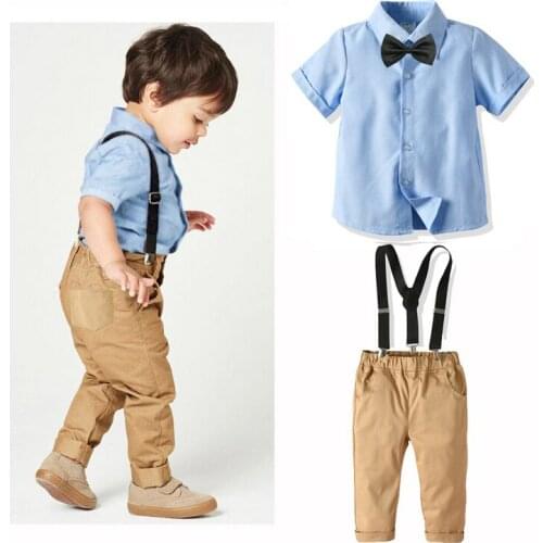 Two pieces Baby Boys Little Gentleman Formal Banquet School Valentines Day Suit Blue Bowknot Shirts Suspender Pants Overalls