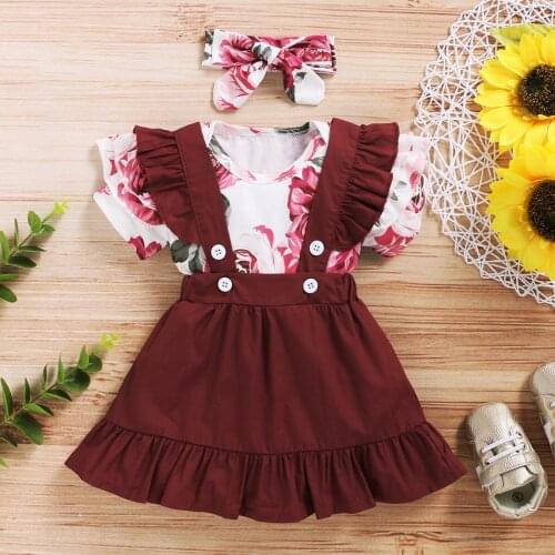 2Pcs Toddler Baby Girls Clothing Suit Short Sleeve Print Tops+ Suspender Skirts For Girl Summer Outfits Newborn Babies Clothes