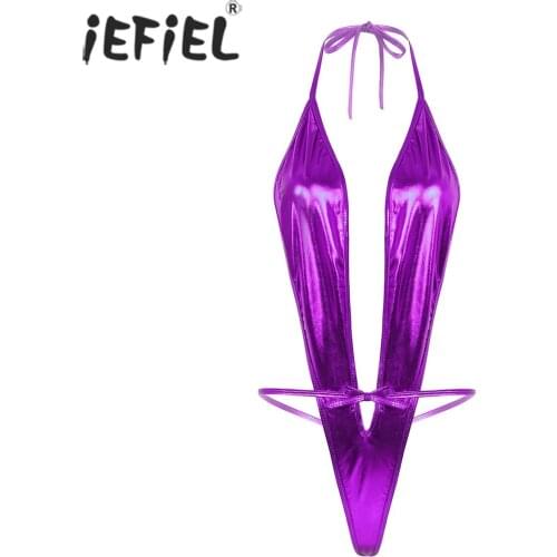 IEFiEL Womens Ladies Shiny Teddy Costumes Bodysuits Metallic Leather Bodysuit Lace-up Lingerie Micro Bikini Wetlook Clubwear