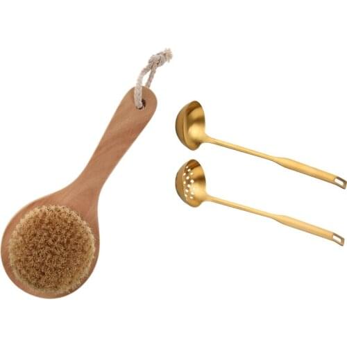 HOT-1 Pcs Long-Handled Bristle Wooden Handle Body Brush Skin Brush & 1 Set Metal Soup Ladle Colander Set