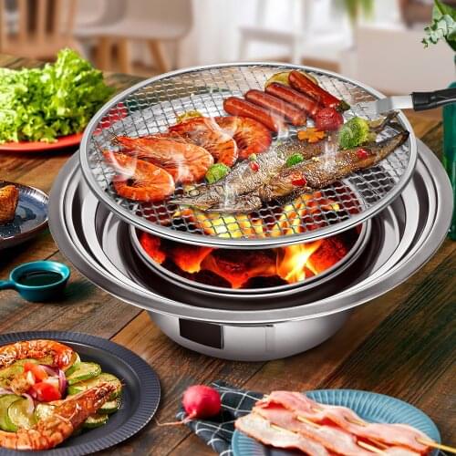 Mini BBQ Grill Stainless Steel Charcoal Barbecue Grill Folding Portable Round Barbecue Stove for Outdoor Camping Patio