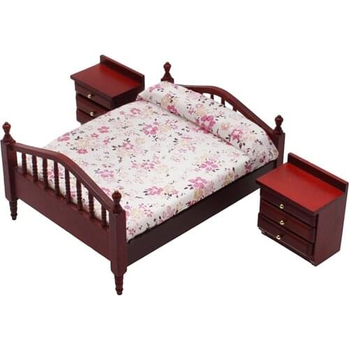 1/12 Dollhouse Miniature Furniture Wood Double Bed Model DIY Ornaments