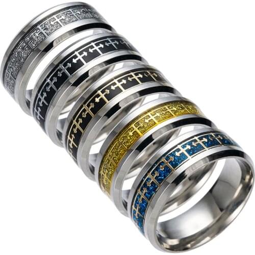 Stainless Steel Plated Ring Cross Dragon Inlay Black Blue Background Men Finger Rings Wedding Band Fashion Jewelry Wholesale 202