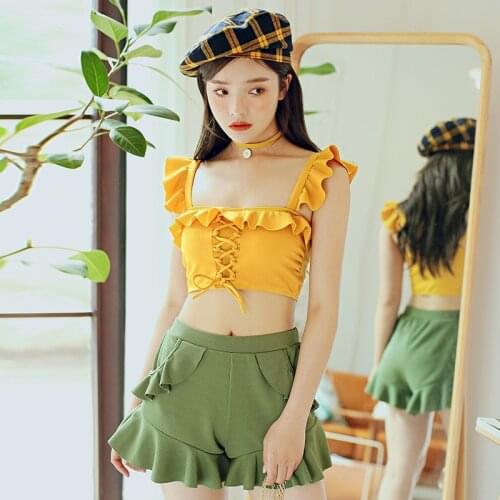 2021 New Korea Style Bikini Women Solid Swimwear Push Up Two Piece Swimsuit Guard Crop Top Biquini High Neck Bathing Suit