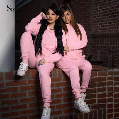 Solid Tracksuit 2pcs Women Set Hoodies Sweatshirt+Pants Hooded 2 Pieces Sets Women Autumn Thick Warm Clothing Sweat Suits Female