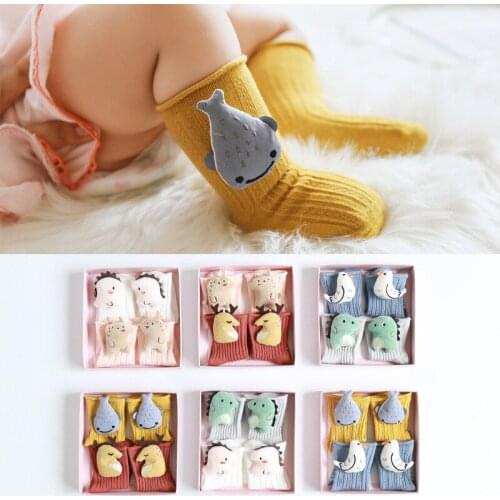 2Pairs Autumn Baby Girls Socks Newborn Cartoon Animal Baby Socks Anti Slip Floor Sock Infant Baby Boy Christmas Gifts with Box