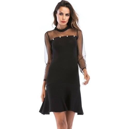 Witbuy Spring Slim Women Knitted Dress Casual Long Sleeve O Neck Female Elegant Patchwork Lace Mini Women Dresses Pearl Decor