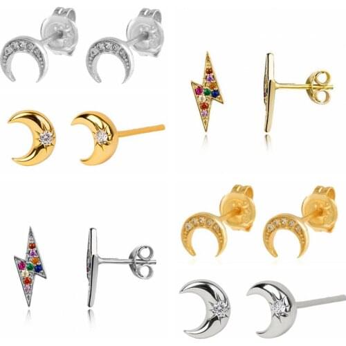925 Sterling Silver Moon and Lightning Stud Earrings for Women Rainbow Tiny CZ Crystal Earrings Korean Version Fashion Jewelry