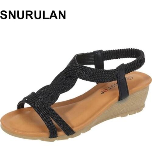 SNURULAN bohemian sandals women girls wedge crystal elastic band beach shoes high quality casual outdoors ladies sandals