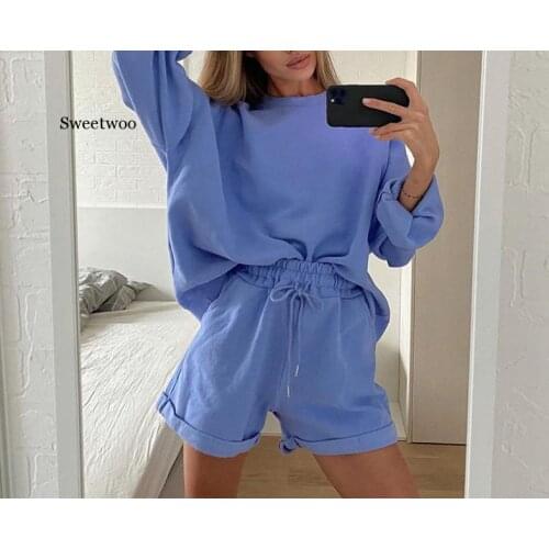 Tracksuits 2 Piece Set Summmer Autumn Oversize Sweatshirt + Sporting Shorts Sweat Set Two Piece Outfit Solid Color Sets