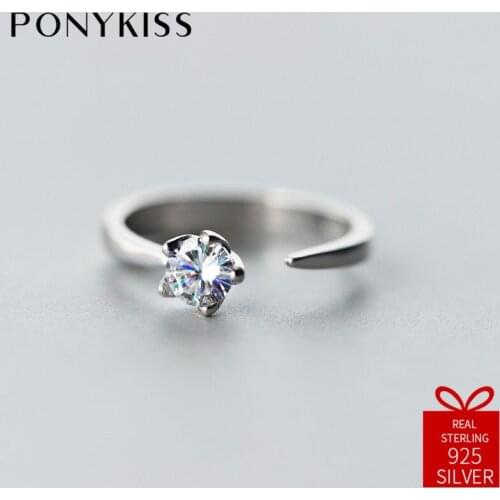 PONYKISS Trendy 100% 925 Sterling Silver Chic Zircon Resizable Opening Ring For Women Engagement Delicate Fine Accessory Jewelry