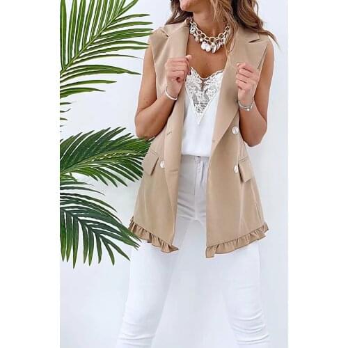 SLMD Stylish Chic Khaki Ruffles Double Breasted Vest Coat Women 2021 Fashion Pockets Waistcoat Female Casual Outfitsar