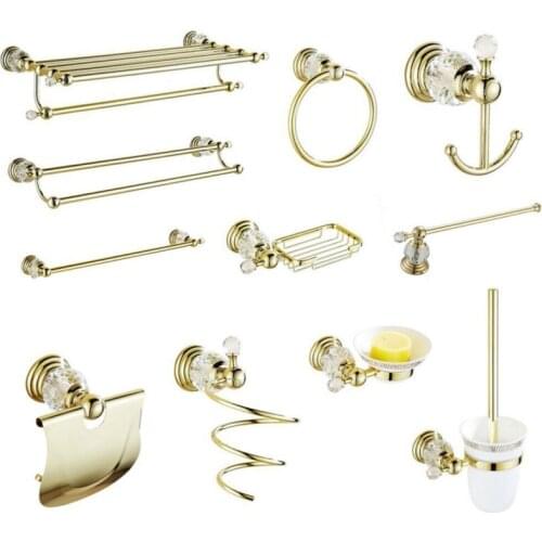 Solid Brass Gold Polished Bathroom Hardware Soap Dish Bathroom Accessories Set Wall Mounted Crystal Bathroom Products
