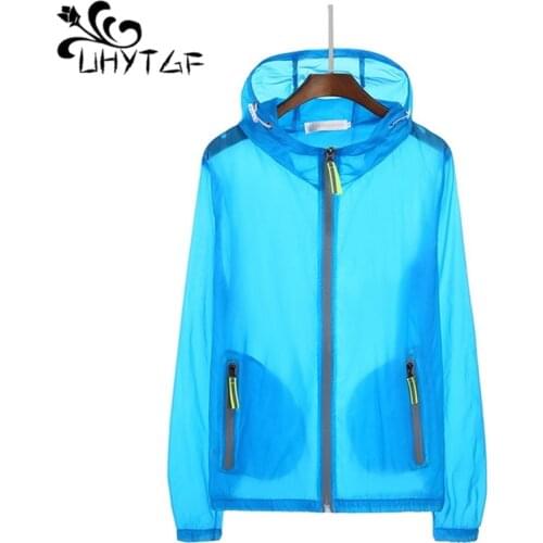 UHYTGF Sun protection clothing female summer 2019 Transparent with cap Thin section Womens Beach Anti-UV Plus size 7XL coat X38