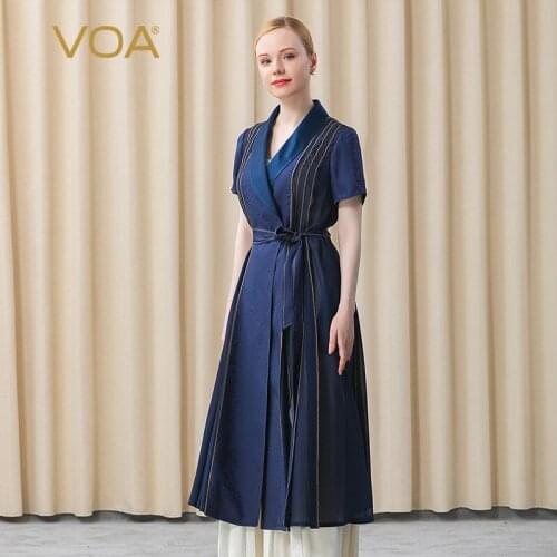 VOA Silk Jacquard Changan Qing Kimono Collar Colliding Jokey Splice Bright Thread Stripe Trim Belt Short Sleeve Windbreake FE113
