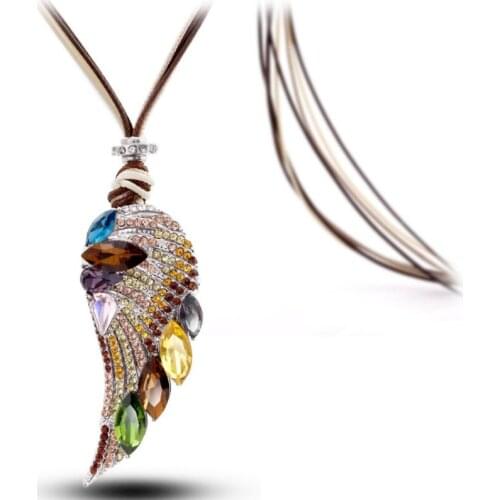 Vintage Crystal Feather fairy angel wing necklaces Sweater Chain Long Color Necklace for women