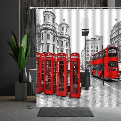 British City Scenery Shower Curtain Tower Bridge London Tower print Waterproof Bath Curtain Retro Red Bus Big Ben Bathroom Decor