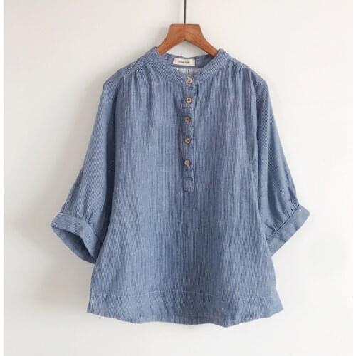 2020 New Summer Women Blouse Literary Stripe Thin Stand Collar Cotton Bat Sleeve Double Cotton yarn Shirt Women