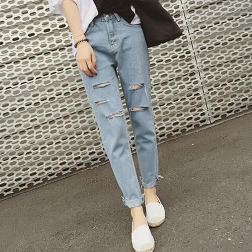 Womens Clothing 2018 Women Jeans New Autumn Wild Silk Hole Nine Pants Loose Thin Denim Pants