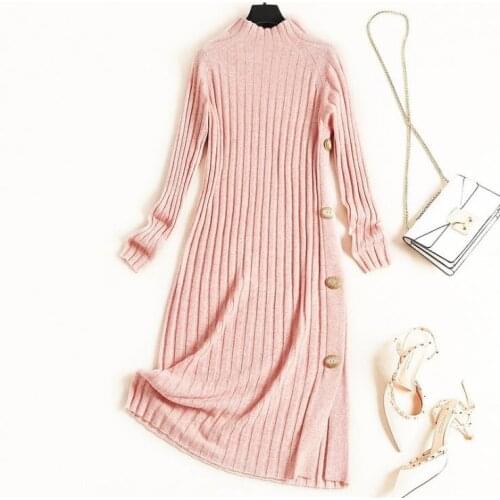 European and American womens clothing 2020 winter new style Long sleeve collar Fashion buttons Pleated knit dress