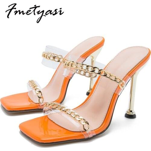 Stiletto Sandals Transparent Heel Square Toe 2021 Summer Pumps for Women Gold Chain Plastic Heels Peep Toe High Quality