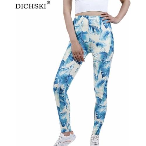 DICHSKI Women Leggings Fitness Female Workout Ladies High Waist Sports Push Up Beige Green Leaf Pattern Printing Solid Gym Pants