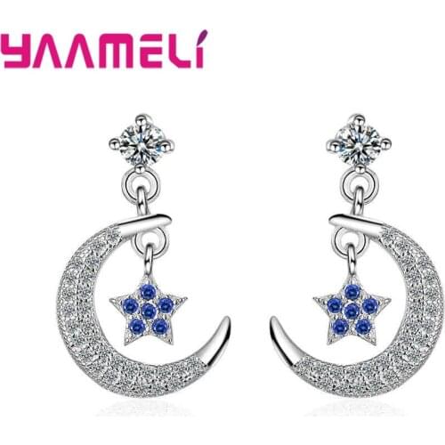 Good Selling Popular Moon+Star Pendant Earrings Real 925 Sterling Silver Clear Cubic Zirconia Jewelry For Women Ladies