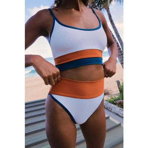 Sport Crop Top Two Piece Bikini Set Swimsuit Women Candy Patchwork Swimwear 2021 Swim High Waist Push Up Swimming Suit For Women