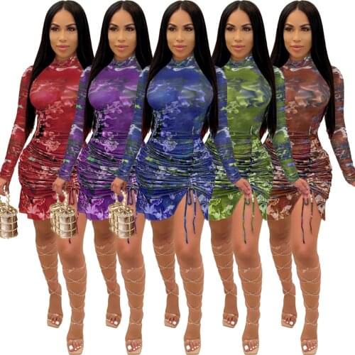 Zoctuo Angel Print Sexy Dresses for Women O-Neck Long Sleeve Dress Ruffles Tie Up Stacked Women Midi Bodycon Dress Vestidos