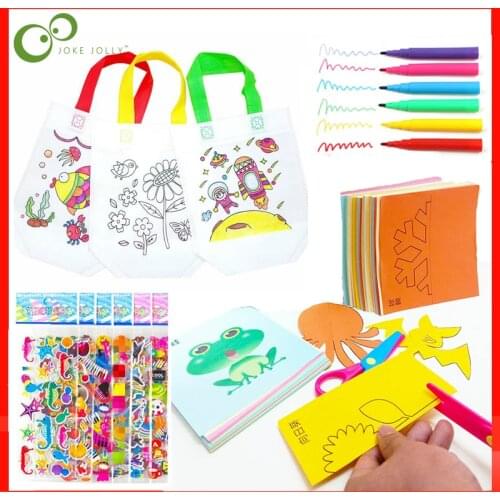 68pcs Children DIY Graffiti Bag Cartoon Stickers Color Paper Folding and Cutting Drawing Toys Kid Art craft Educational Gift ZXH