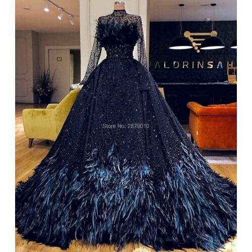 Haute Couture High Neck Ball Gown Evening Dress Floor-Length Beaded Sequins Feathers Tulle Prom Dress Lady Dress Formal Dress