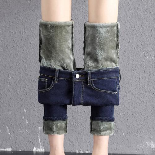 Womens Winter Jeans High Waist Skinny Pants Fleece Warm Denim Trousers Casual Stretch Jeans Women Warm Long Pencil Pants C7597