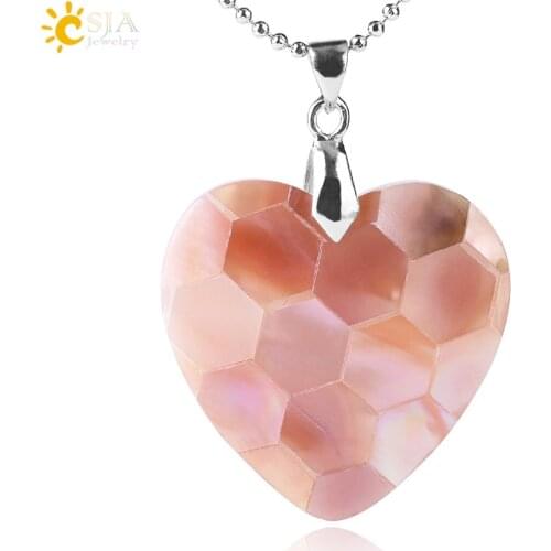 CSJA Heart Shape Natural Abalone Shell Necklace & Pendant Mother of Pearl Hexagon Stitching White Pink Shells Women Jewelry F482