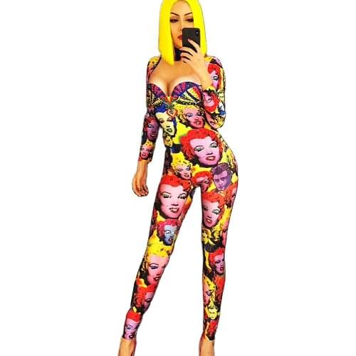 Marilyn Monroe Picture Printing Women Jumpsuits Nightclub DJ Singer Dance Stage Wear Prom Party Birthday Celebrate Bodysuits