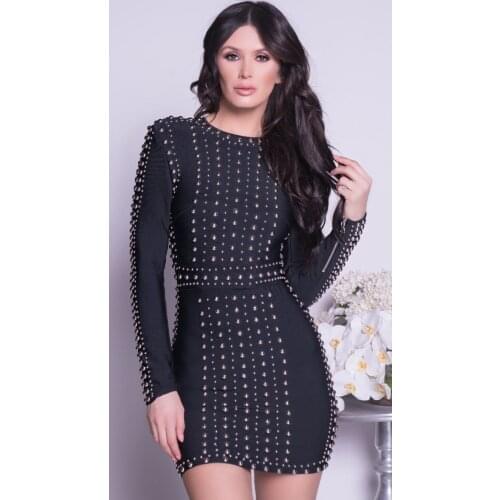 Hot selling fashion bandage dress long sleeve handmade beading casual dresses bodycon vestido for women