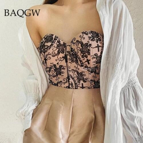 Fashion Spaghetti Strap Summer New Women Tops Sexy Floral Embroidery Lace Patchwork Slim Paded Crop Top Vintage Party Clubwear