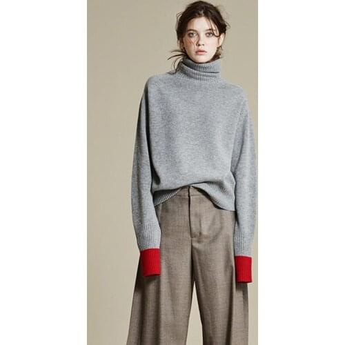 New Pullover Sweater Women Autumn Winter 2021 Casual Fashion Turtleneck Contrast Color Warm Thick Loose Knitted Sweater