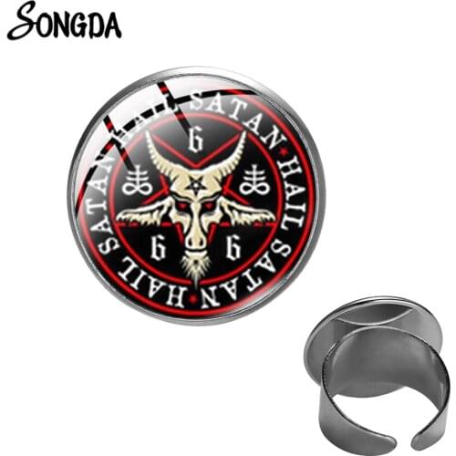 Gothic Baphomet Opening Ring Occult Inverted Pentagram Goat Head Church of Satan Symbol Glass Photo Cabochon Rings Male Jewelry