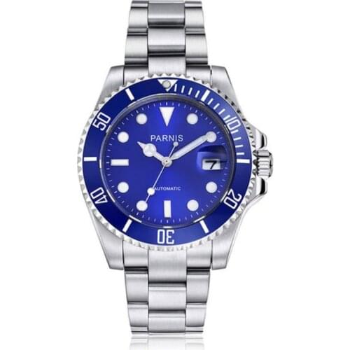 Parnis 40mm mens watch blue dial luminous Sapphire glass blue ceramic bezel miyota 8215 movement Automatic watches