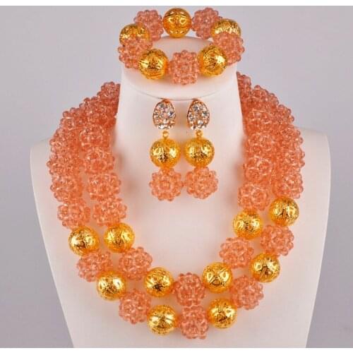 Peach Crystal Ball Beaded Necklace Jewelry Set African Beads Nigerian Wedding Jewelry Sets