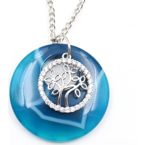 Silver Plated Tree of Life with Rhinestone Stripe Blue Agates Pendant Round Hollow Necklace Amethysts Stone Jewelry