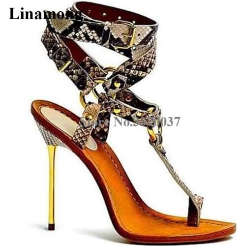 Brand Design Women Fashion Snake Leather Metal Stiletto Heel Gladiator Sandals Click Toe Buckles High Heel Sandals Dress Heels
