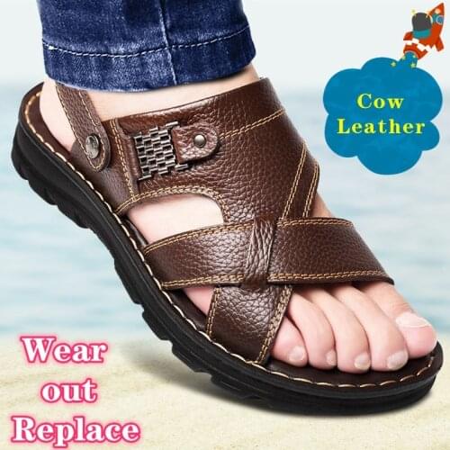 Waterproof Non-Slip Sandals Cow Leather Mens Soft Bottom Wear-Resistant Slippers Dual-Purpose Breathable Sandals