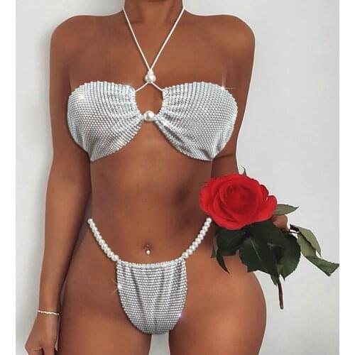 Sexy Shiny Crystal Bikini set Women see through Thong G-String micro bikini Brazilian Bikini Set