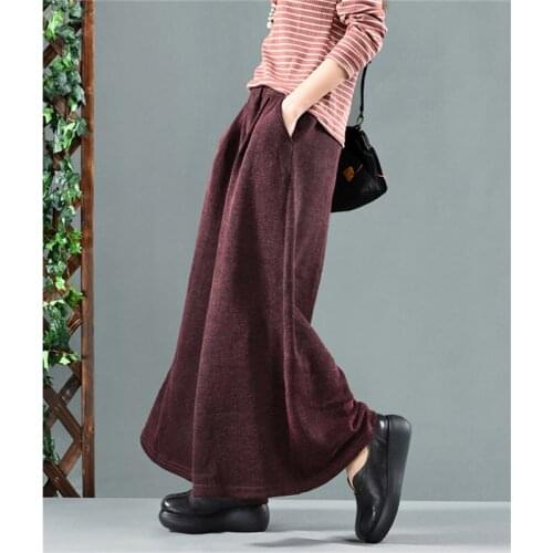 Knitted Pants Wide Leg Retro Literary Thick Trousers Fashion Big Size Elastic Waist Casual Loose Woolen Pant Autumn Winter f1405