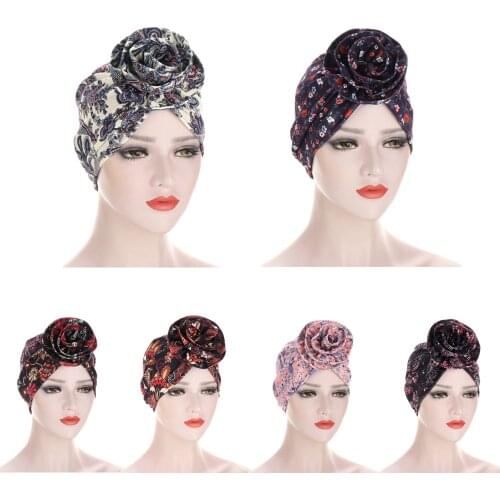 New Women Hijabs Elastic Headwrap Big Flower Printed Turban Fashion Head Wraps Muslim Hat Beanies Skullies Lady Hair Accessories